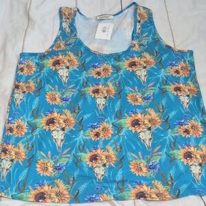 Cheekys Brand Floral Bull Skull Racerback Tank Top size XL Beautiful Blue/Teal
